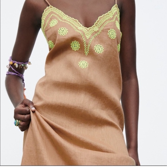 Zara Linen Embroidered Eyelet Midi Dress Size Small - Picture 2 of 7